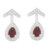 Pear red garnet sterling silver earrings with moissanite accents, elegant and luxurious jewelry piece.